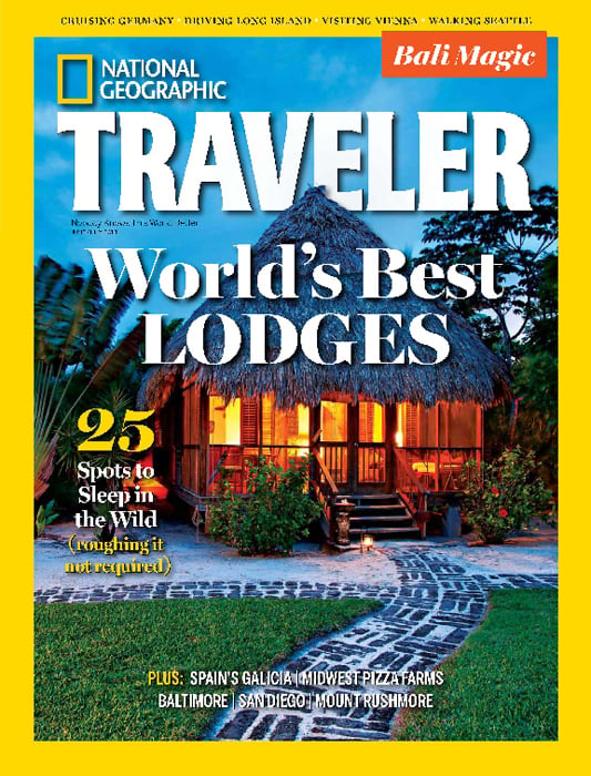 National Geographic Traveler cover photo of a lodge in the evening taken by Austin-based travel and architecture photographer Al Argueta 