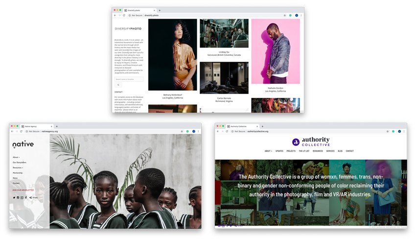 diversify.photo, native agency, and authority collective screenshots