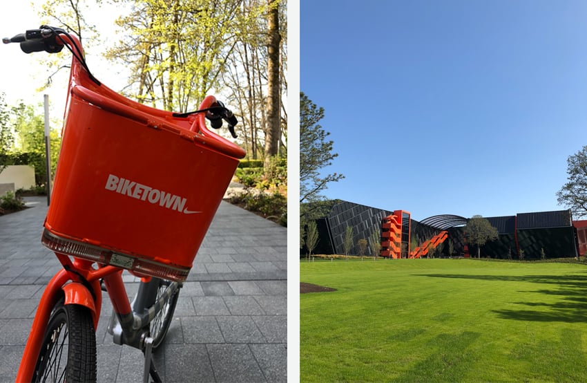 Nike's campus and an orange Nike-sponsored Biketown bike share bicycle.