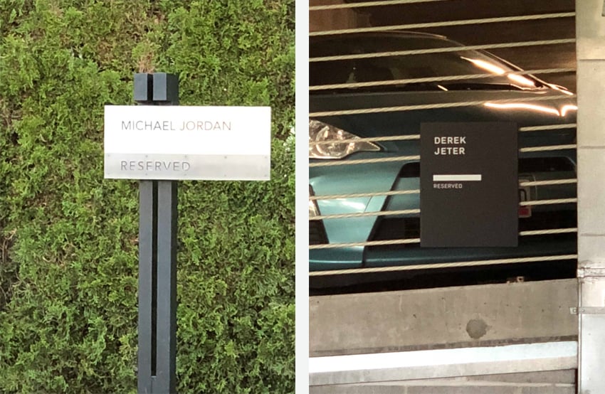 Parking spaces reserved for Derek Jeter and Michael Jordan at Nike's campus in Beaverton, Oregon.