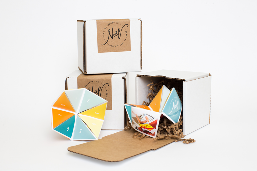 Still life shot of cootie catchers and their packaging with Noel's logo.