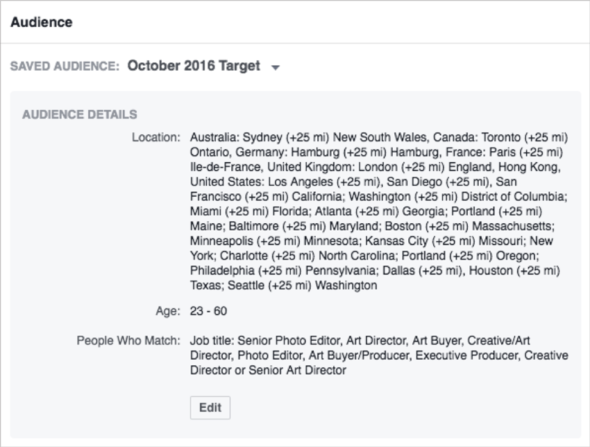 Screenshot of Wonderful Machine's audience target for the October 2016 Facebook ads.