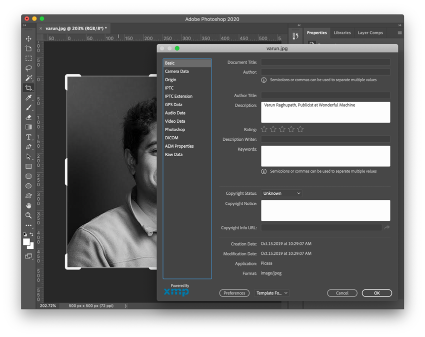 Screenshot of Photoshop adjusting the File Info for a picture of Varun
