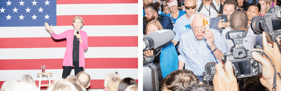 M. Scott Brauer snaps (L) Elizabeth Warren talking to a crowd and (R) Bernie Sanders in front of the press