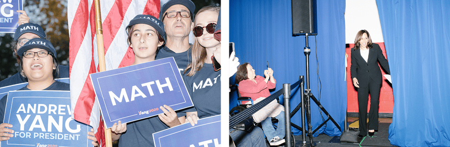 Shots from M. Scott Brauer (L)show  members of the public holding Andrew Yang signs and (R) Kamala Harris onstage