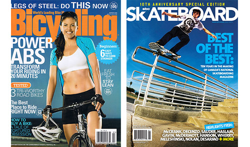 Cover image of a happy cyclist and a skateboarder, images by adventure photographers Ryan Allan and Mike Powell. 