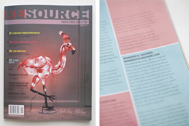 Two photograph image featuring the cover of Resource magazine and the blurb about Wonderful Machine