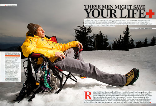 A tearsheet of real mountain rescue workers by fashion photographer Robbie McClaran. 