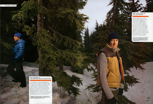 Two mountain rescuers pose in a snowy forest for Esquire magazine and fashion photographer Robbie McClaran.