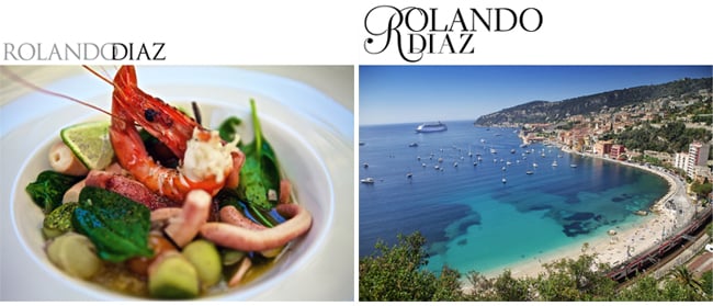 a plate of food (left) and an aerial view of a beach (right) under each of the logos 