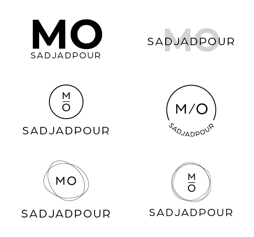 First draft of six logo designs for Mo Sadjadpour, with varied approaches.