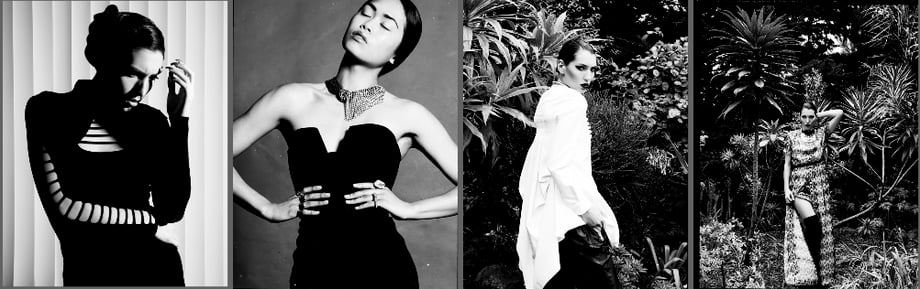 Four black and white fashion photography images