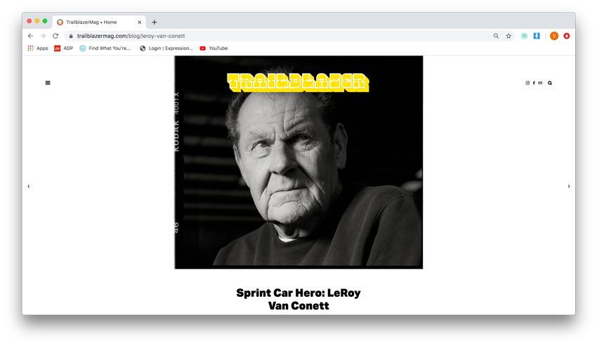 Screenshot of Saroyan Humphrey’s e-zine website, Trailblazer, featuring close up photo of LeRoy Van Conett