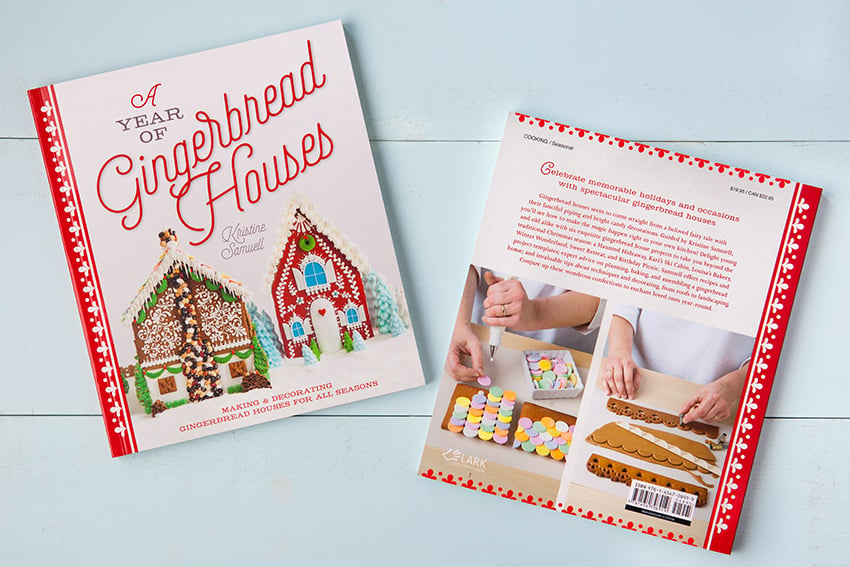 Front and back cover of the book A Year of Gingerbread Houses by Kristine Samuell featuring photography by Shannon O’Hara.