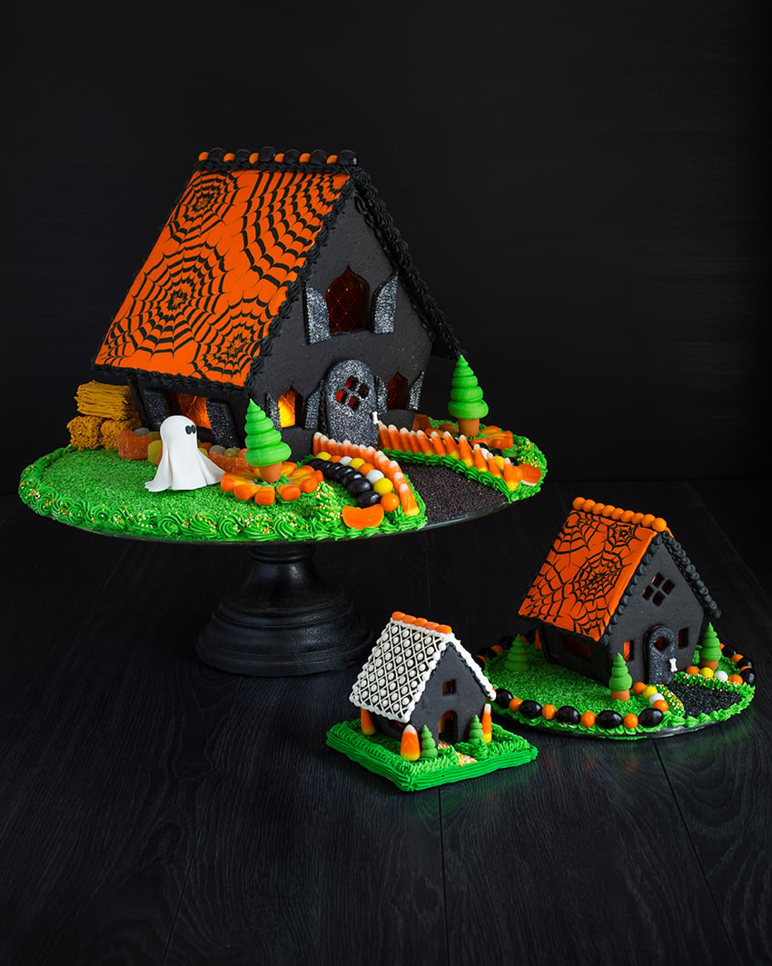 Photo of a Halloween-themed gingerbread house for book A Year of Gingerbread Houses by Kristine Samuell.