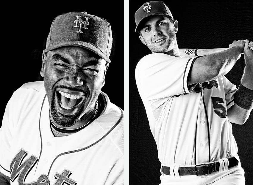 Two side by side black and white portraits of New York Mets.