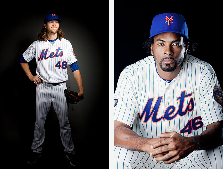 Two side by side color portraits of New York Mets baseball players