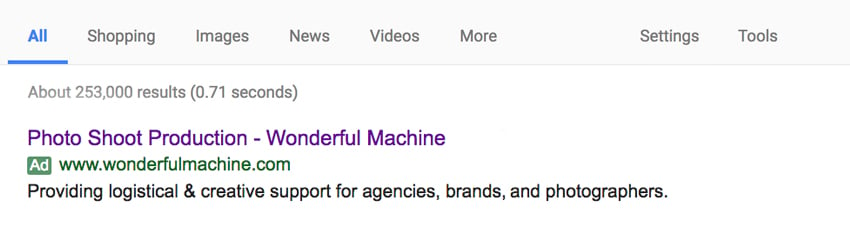 Screenshot of Wonderful Machine's Google Search ad for photo shoot production in March 2017. 