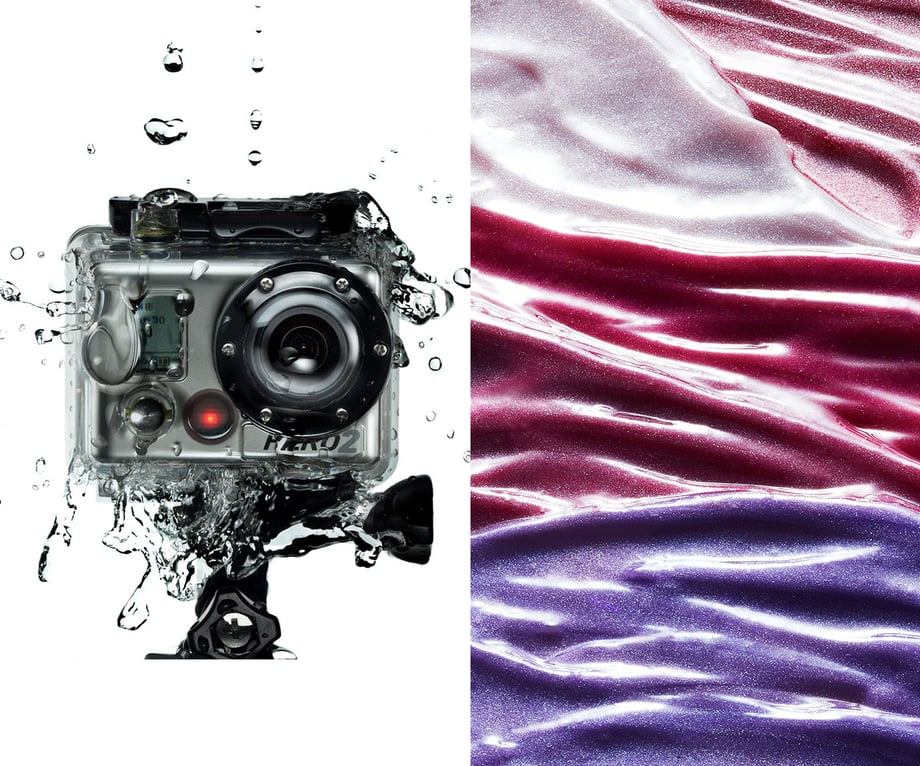 Left photo shows a GoPro2 being splashed with water, and image on the right shows smears of brightly colored cosmetics