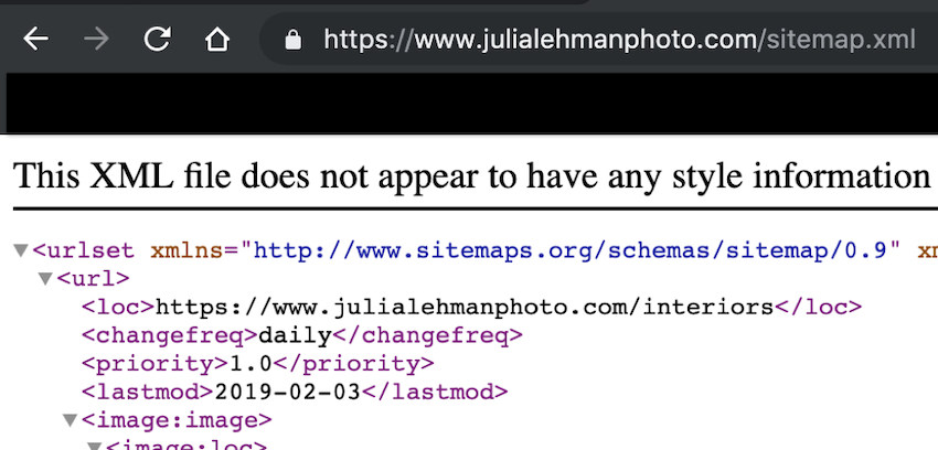 Sitemap for Julia Lehman's photography website.