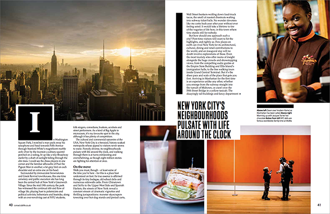 Tearsheet featuring photos of a Deli Sandwich and shake, a happy barista passing over a hot beverage, a mother and her children admiring art, and a skyline view of Manhattan, photos by Chris Sorensen