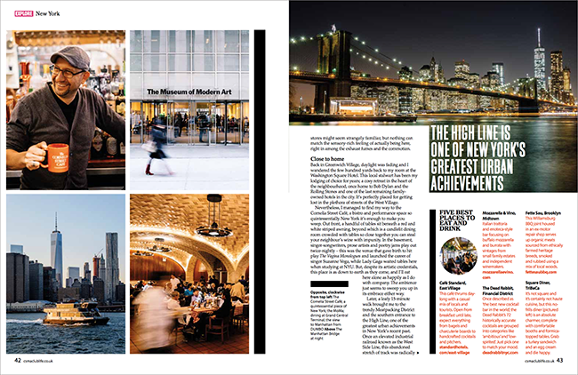 Tearsheet featuring skyline vies of Manhattan, an ornate cafe, and a happy man holding a cup of coffee, photos by Chris Sorensen. 
