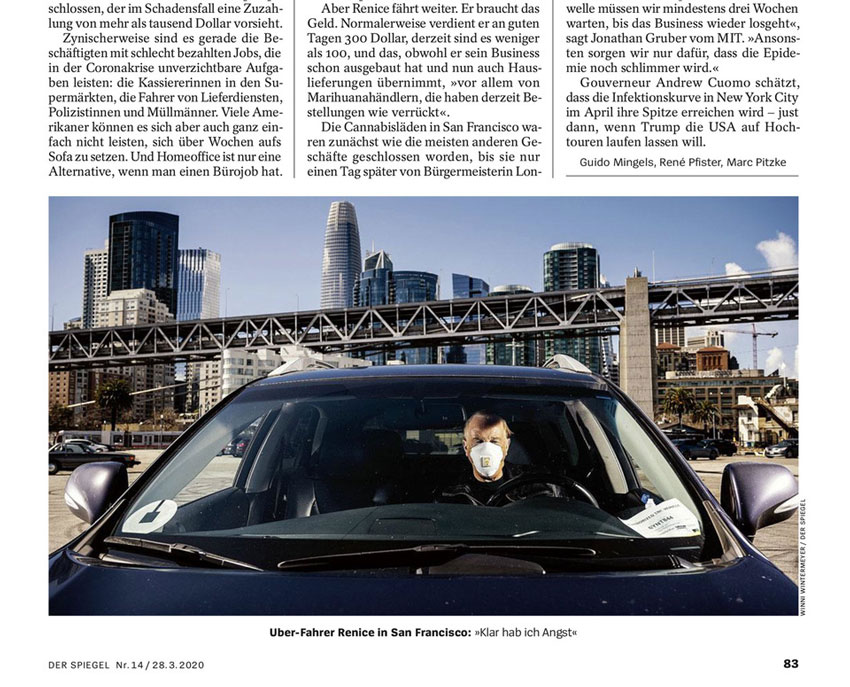 Tearsheet of Winni Wintermeyer's Der Spiegel shoot showing Uber driver Joe wearing a mask in his car