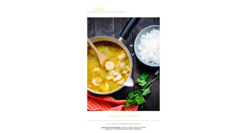 Stephanie Mullins' old emailer featuring a picture of soup and rice.