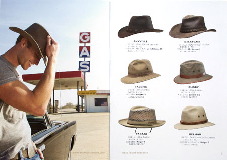Tearsheet of a smiling cowboy in front of a gas station. 