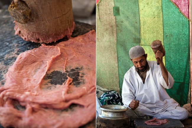 The pounding of meat; the left photo shows the mean pounded and the right photo shows a man in action shot by London-based reportage photographer Stuart Freedman for  Effilee magazine