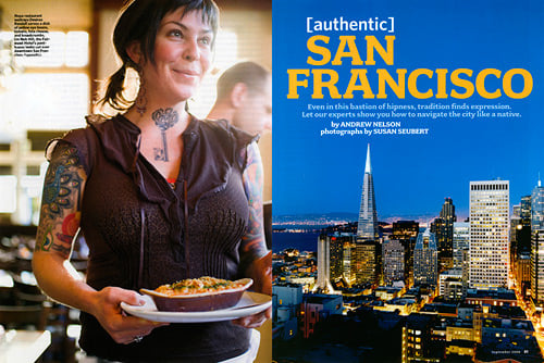 Tear sheet of a tattooed waitress serving a local dish beside a skyline shot of San Francisco by Susan Seubert for National Geographic Traveller.