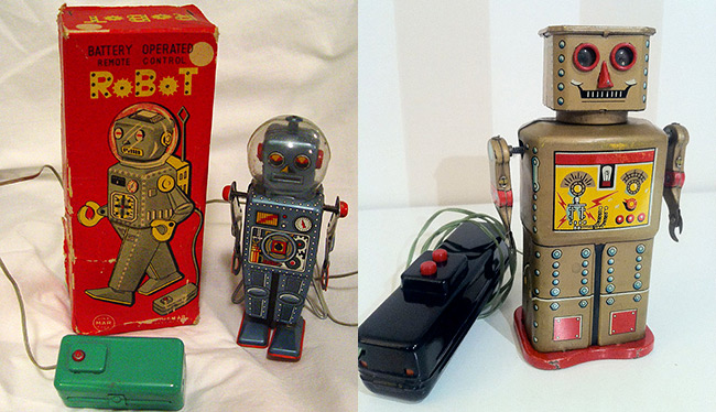 Two images of classic robot toys