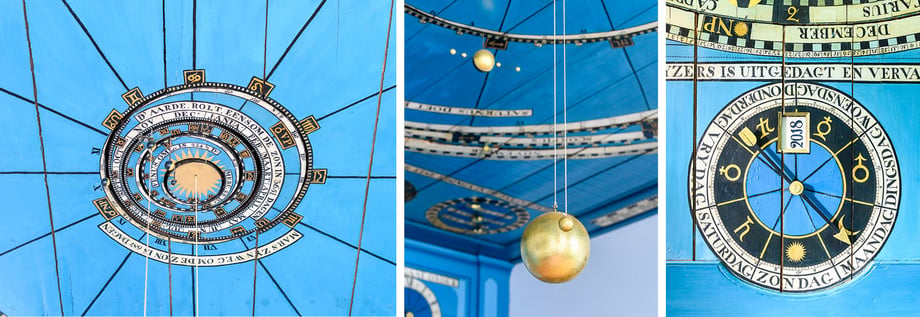 Triptych that shows (L) the entire clock face (C) a single gold planet and (R) the mechanism for showing the year and month