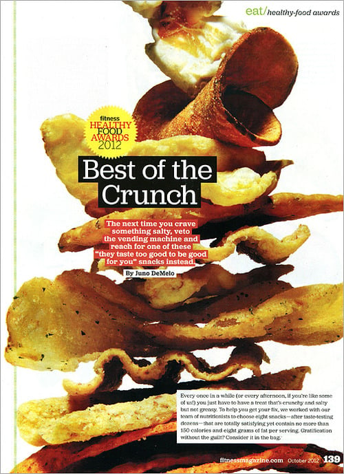 Photo of layers of chips in Fitness Magazine by New York-based food/drink and fashion photographer Claire Benoist.