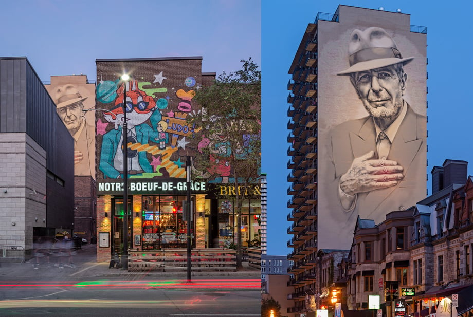 Two murals in Montreal during "Blue Hour" show Giral's favorites: pop art and Leonard Cohen