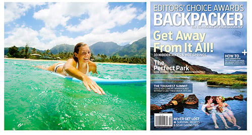 Tearsheets of people enjoying activities in lakes from Backpacker Magazine shot by Tyler Stableford.