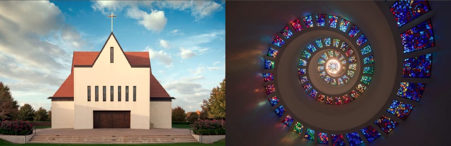 Curated examples of visual symmetry in Wade's work; the exterior of a church (left) and a spiral mosaic in an interior (right)