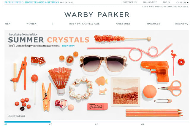 Tearsheet featuring orange items around a pair of sunglasses shot by New York-based still life photographer Greg Vore for Warby Parker
