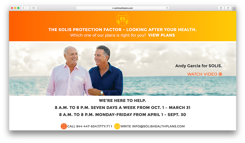 Tearsheet for Solis Health with Andy Garcia.