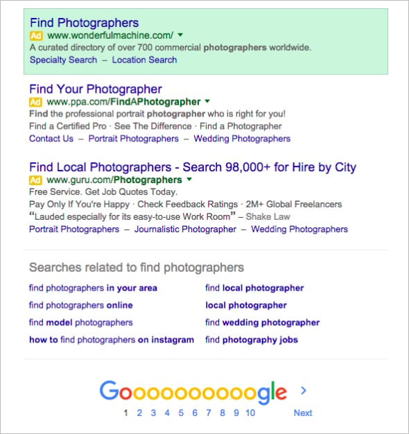 Screenshot of Wonderful Machine Google AdWords campaign in March 2016, focused on photographer specialties.