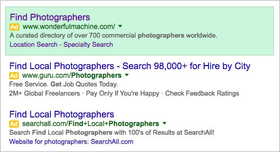 Screenshot of Wonderful Machine's Google AdWords listing in April 2016,  focused on photographer specialties.
