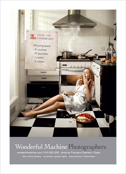 tearsheet with a shot of woman on the floor of a kitchen with a half eaten pie