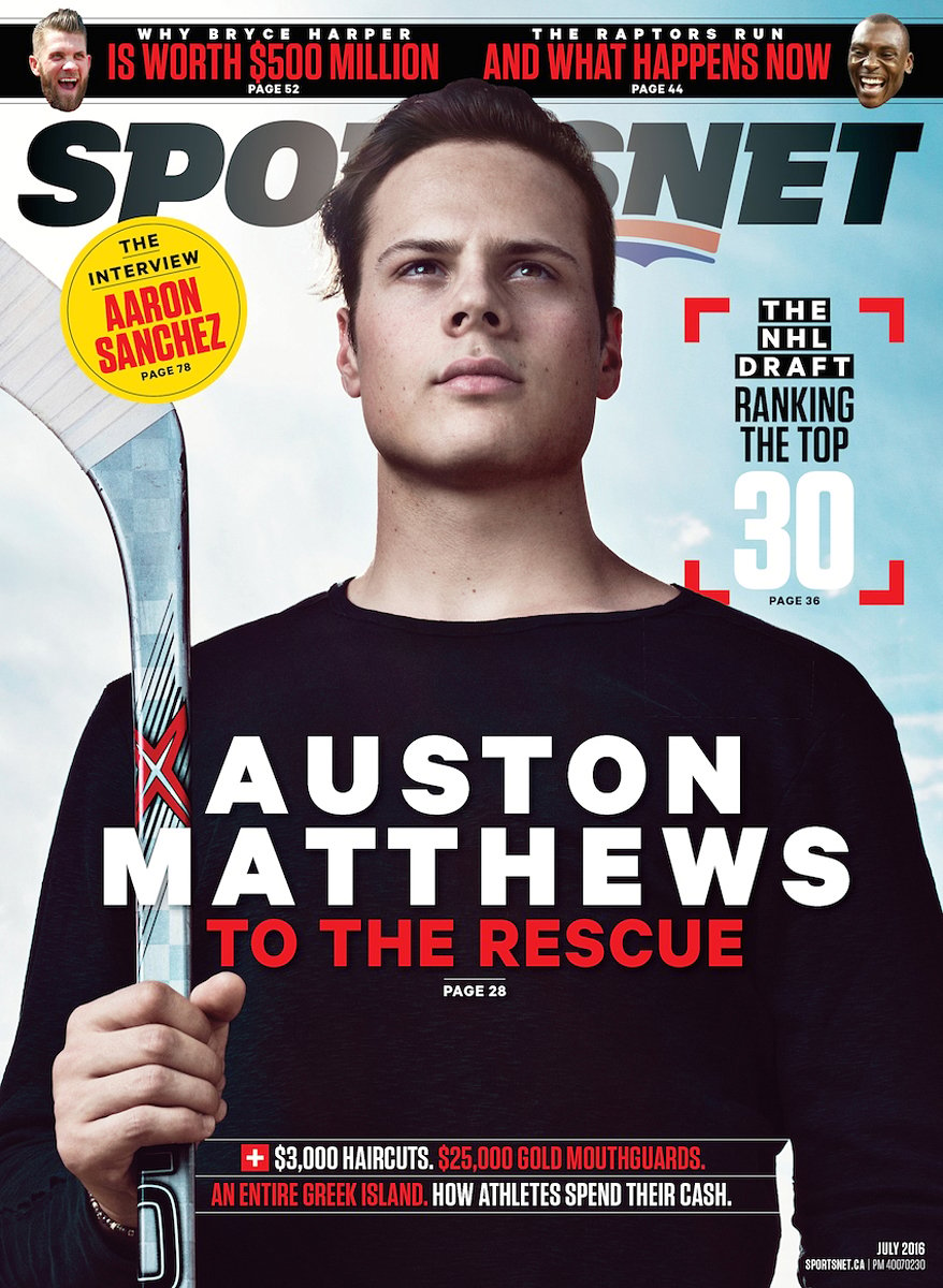 photograph of Auston Matthews holding a hockey stick, shot by Blair Bunting for the cover of Sportsnet magazine