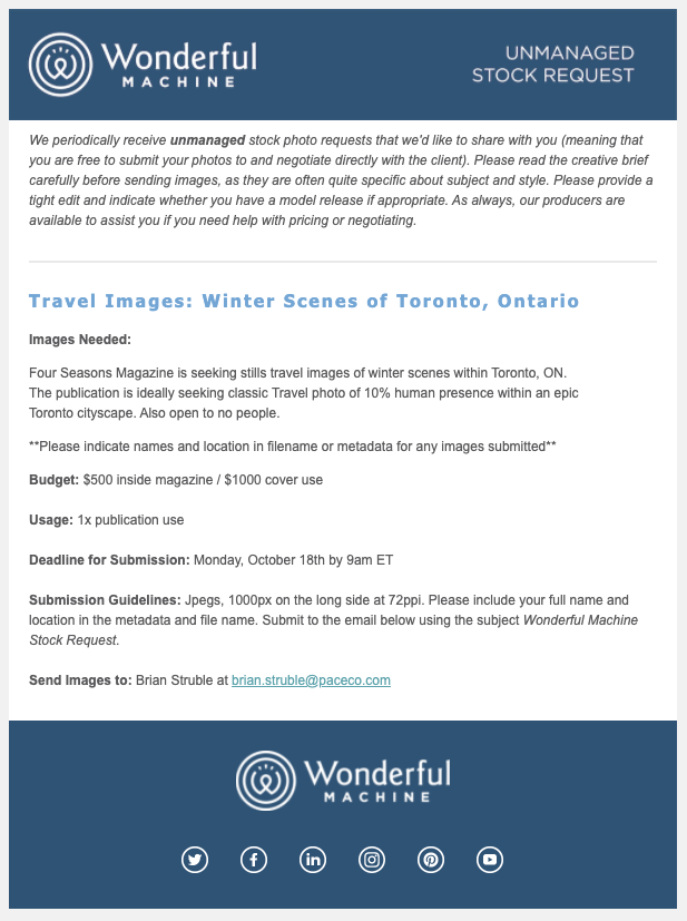 Stock request from Four Seasons Magazine seeking images of Toronto, Ontario during the winter.