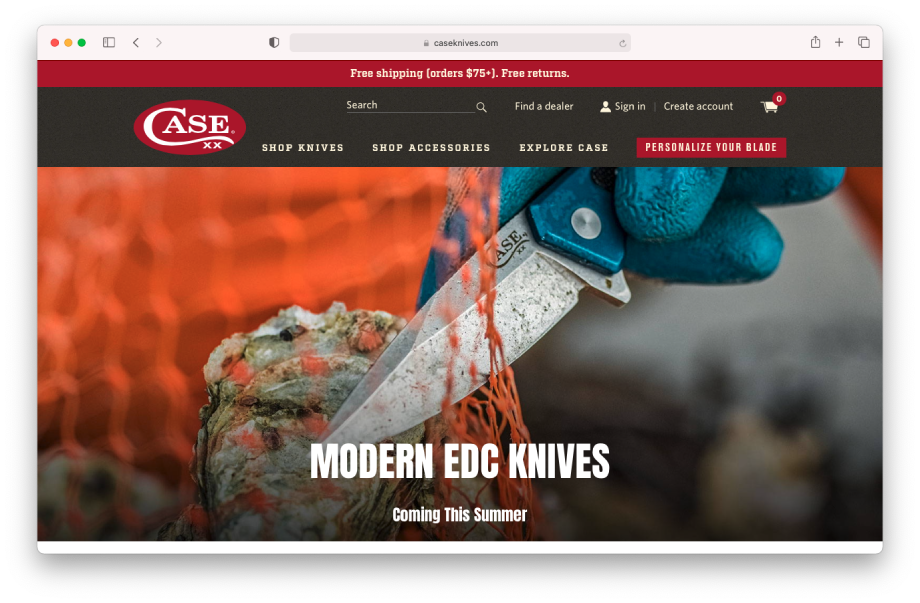Screenshot of Case Knives homepage shot by Ed Sozhino