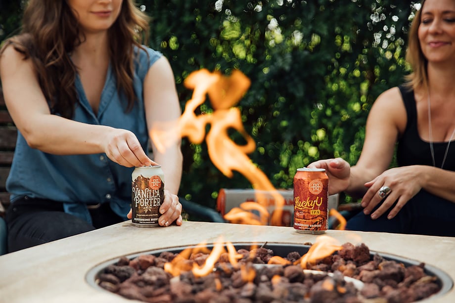Fire pit with two beer cars shot by Jayme Burrows for Breckenridge Brewery