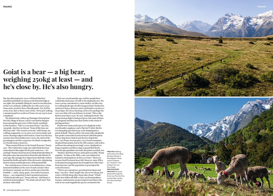 Tearsheet of mountains from National Geographic Traveller in the French Pyrenees featuring images shot by Markel Redondo