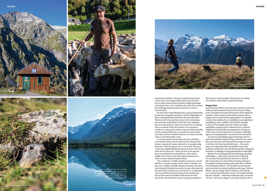 Tearsheet from National Geographic Traveller in the French Pyrenees featuring images shot by Markel Redondo
