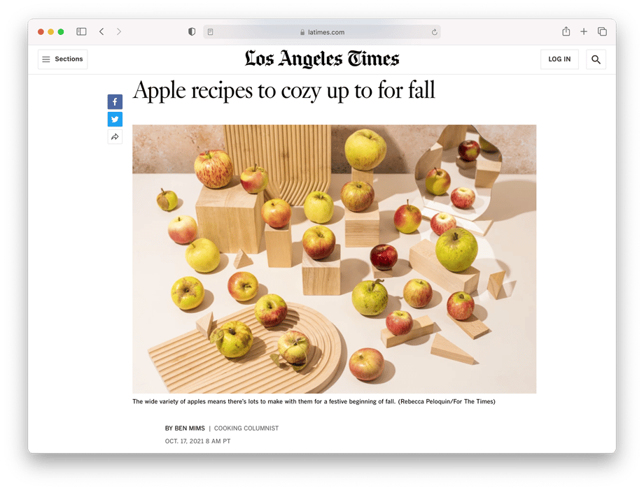 Tearsheet of apple variety LA Times Sunday food feature shot by Rebecca Peloquin
