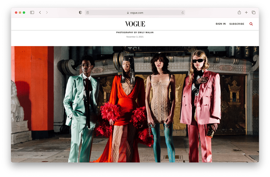 Tearsheet of talent from Gucci show at TLC Chinese Theatre shot by Emily Malan for Vogue.